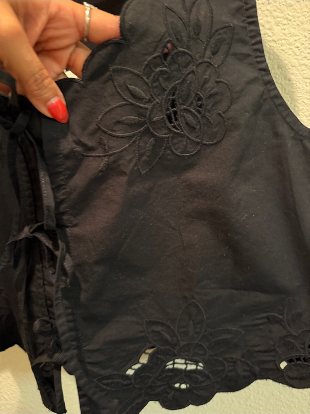 Black Scalloped Embroidered Tie-Front Boho-chic Festival Cottagecore - Picture 5 of 9